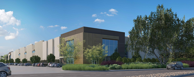 Rendering of a modern, one-story building with surface parking and landscaping comprised of trees, bushes, and ground cover