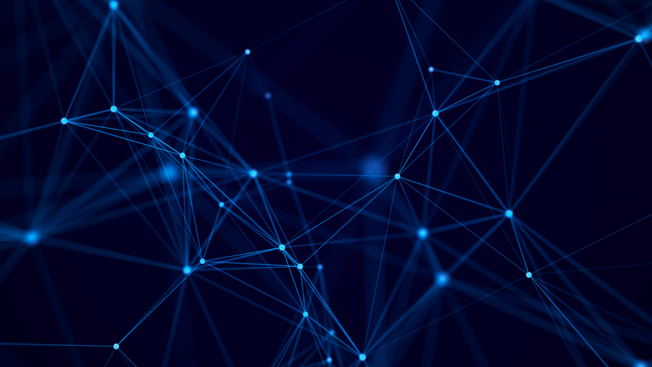 Light blue digital lines connecting dots on a dark blue screen.